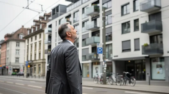 Investor betrachtet Basler Mehrfamilienhaus für Kapitalanlage