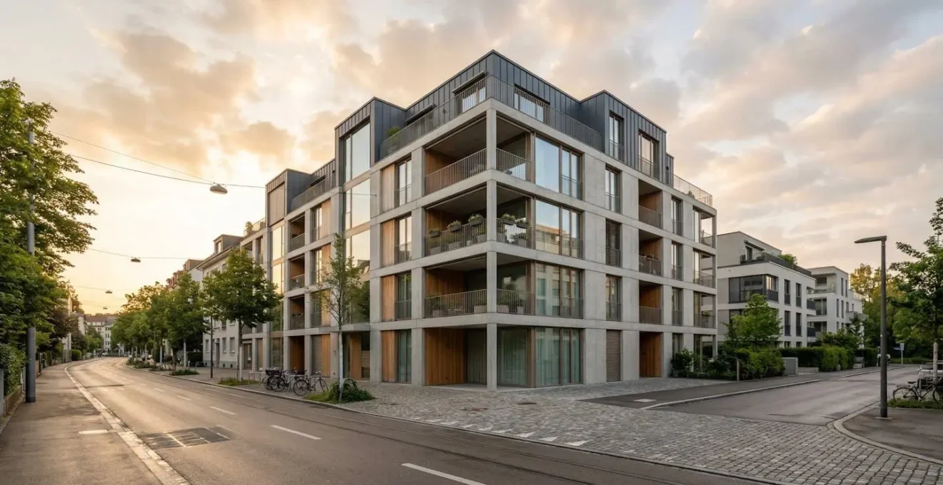 Aussenansicht eines modernen Mehrfamilienhauses in Basel mit zeitgenössischer Architektur im Morgenlicht, leere Strasse im Vordergrund