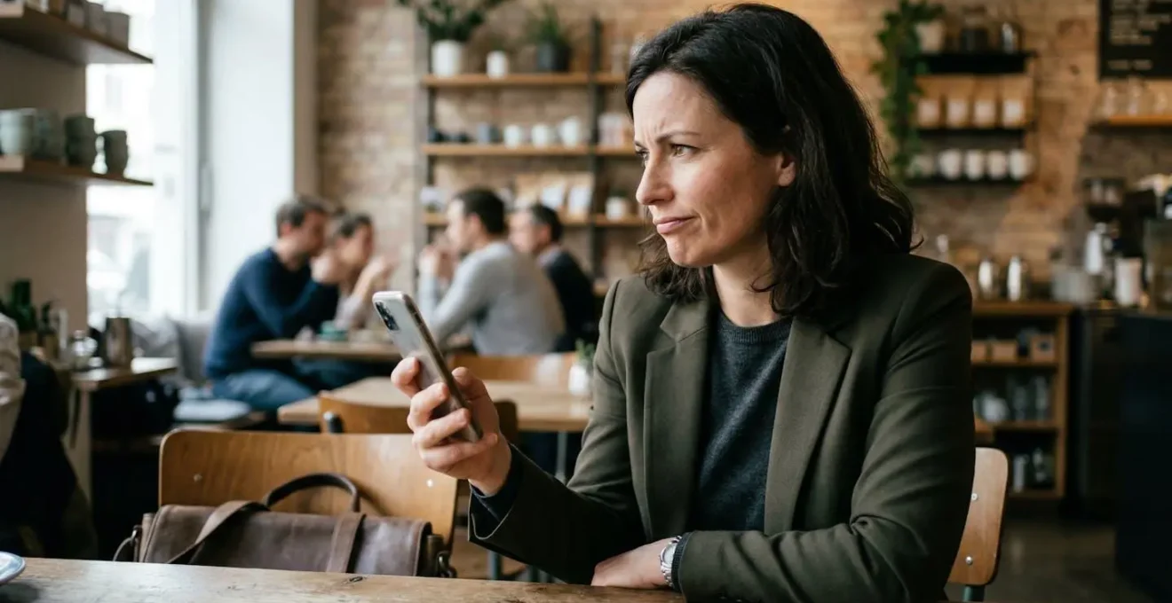 Eine Geschäftsfrau Ende dreissig schaut skeptisch auf ihr Smartphone in einem modern eingerichteten Café mit europäischem Interieur