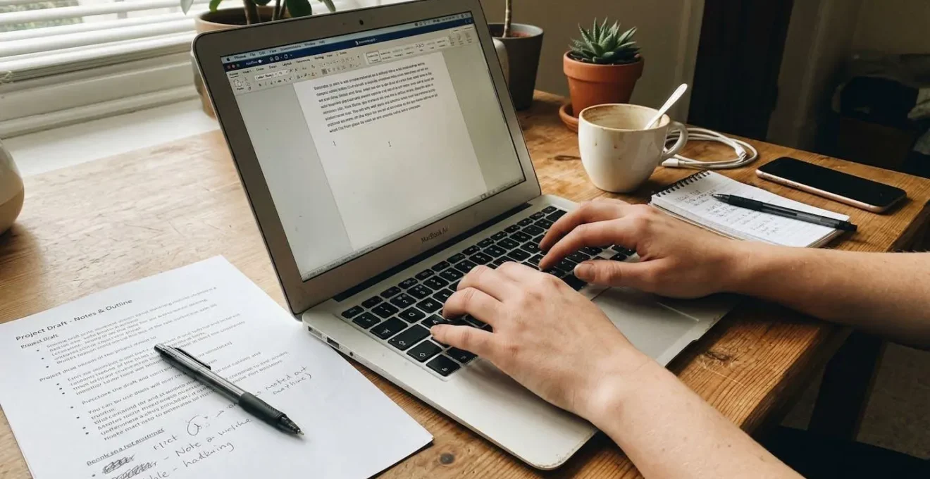 Nahaufnahme von Händen die auf einem Laptop tippen, daneben liegt ein ausgedrucktes Dokument mit Zahlen und Grafiken auf einem Holztisch