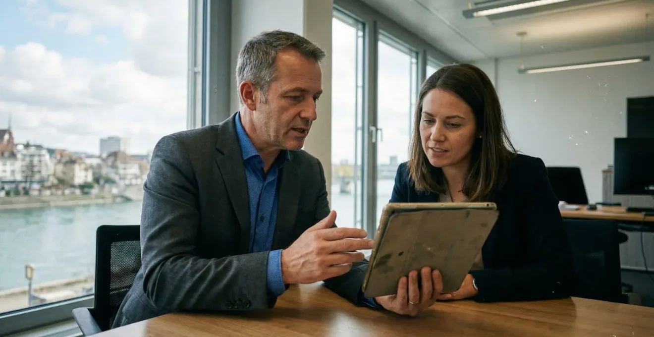Ein professionell gekleideter Geschäftsmann zeigt einem Kunden Dokumente auf einem Tablet in einem modernen Büro mit Blick auf Basler Stadtarchitektur
