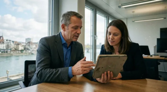 Ein professionell gekleideter Geschäftsmann zeigt einem Kunden Dokumente auf einem Tablet in einem modernen Büro mit Blick auf Basler Stadtarchitektur