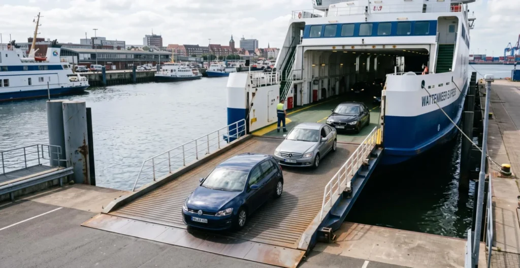 Autos fahren auf eine Autofähre Autos fahren auf eine Autofähre