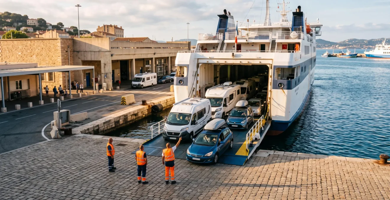 Fahrzeuge fahren über eine Rampe auf eine grosse Fähre in einem französischen Mittelmeerhafen ein, während Mitarbeitende die Einschiffung leiten.