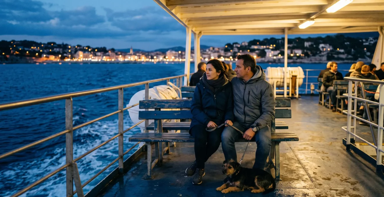 Ein Paar sitzt mit einem kleinen Hund an der Leine auf dem Oberdeck einer Nachtfähre, im Hintergrund zieht die beleuchtete Küste vorbei.
