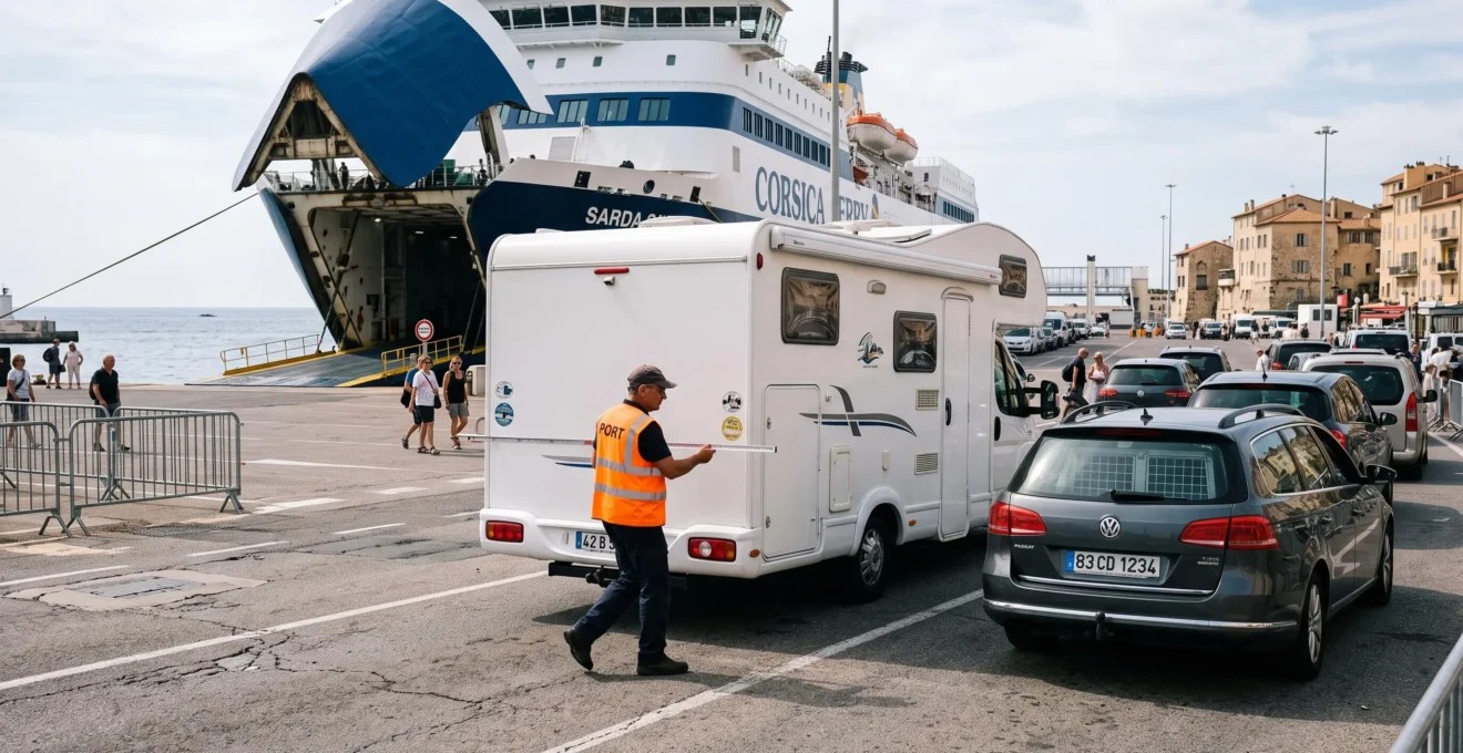 Ein Wohnmobil wartet am Kai eines französischen Fährhafens auf die Einschiffung nach Korsika, während ein Hafenmitarbeiter die Fahrzeuglänge prüft.